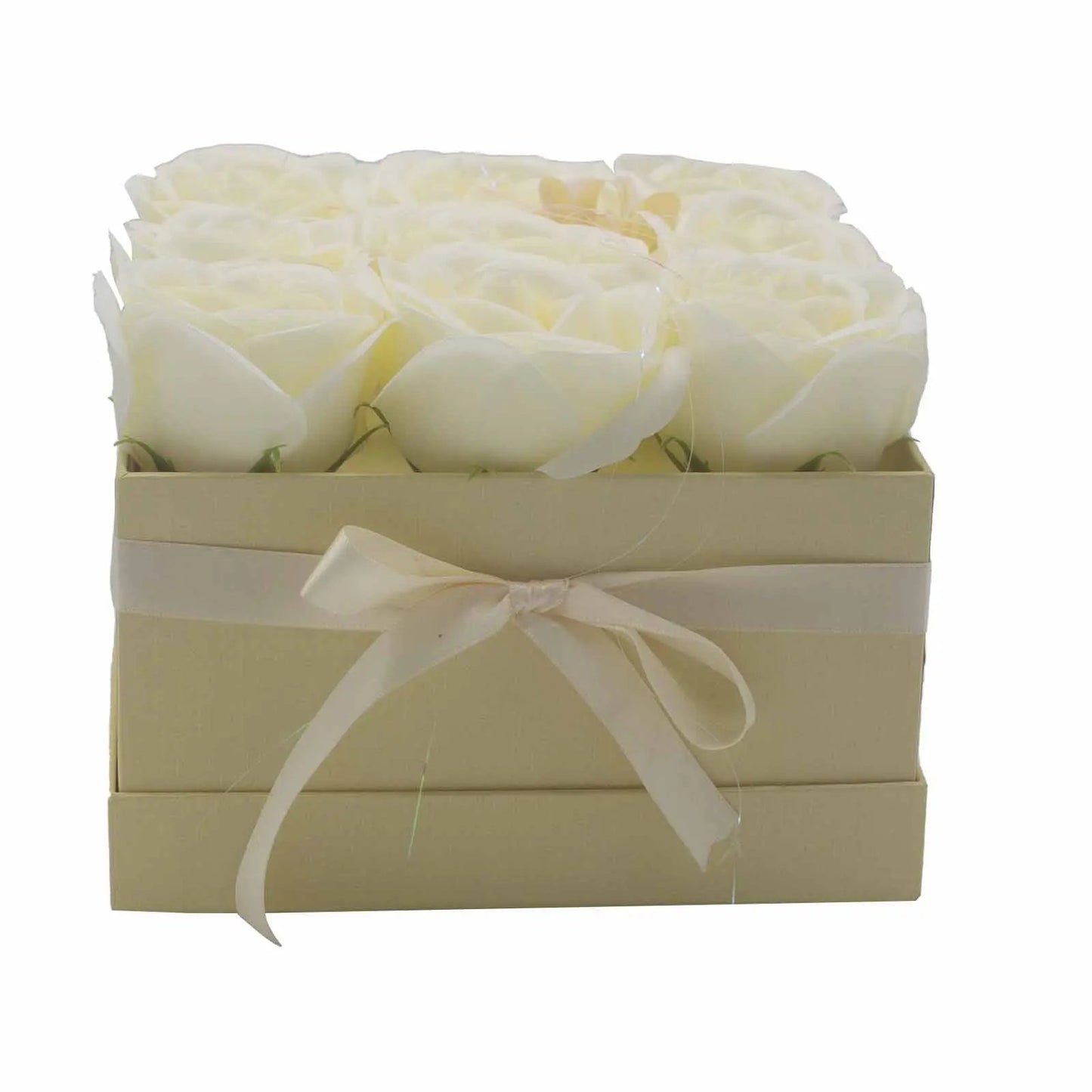 Caixa de Presente - Flores de Sabão - 9 Rosas Creme - Quadrado - Hoc Sensu