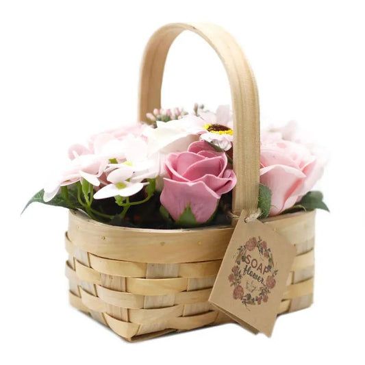 Cesta de Vime Bouquet de Flores de Sabão - Rosa - Médio - Hoc Sensu