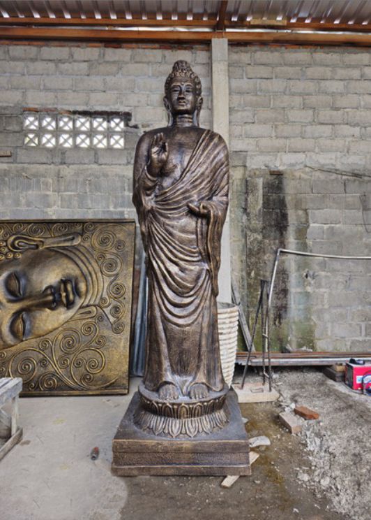 Estátua Alta de Buda de Pé Dourado Antigo - 3m de Altura